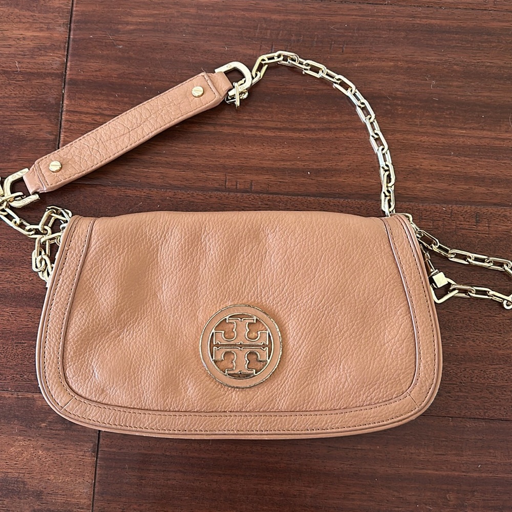 Authentic Tory Burch light brown crossbody with removable gold chain